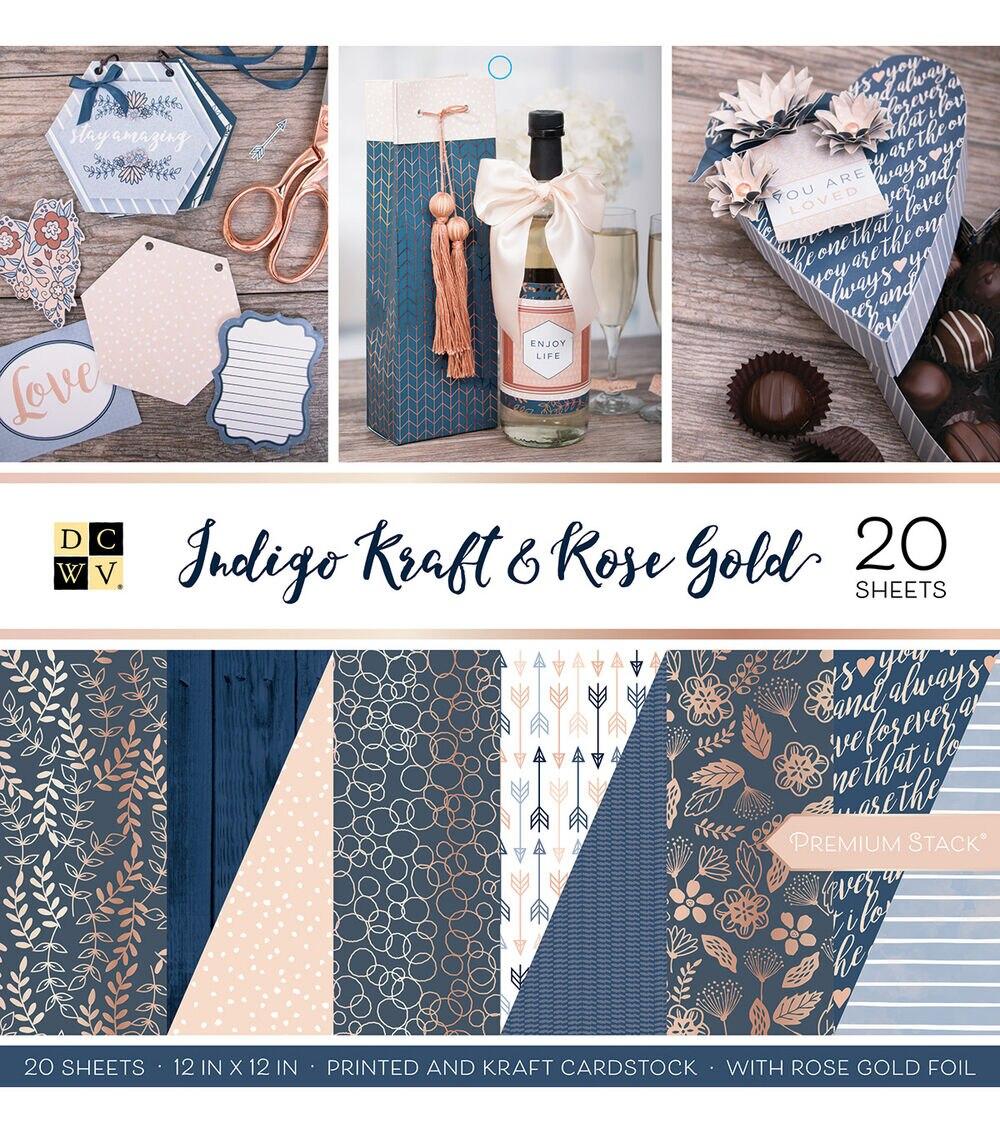 Paper | 20 Sheet 12″ x 12″ Indigo Kraft & Rose Gold Printed Cardstock Paper Paper